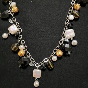 Vintage Silver 925 Onyx Pearl Adjustable Multi Stone Chunky Choker Necklace